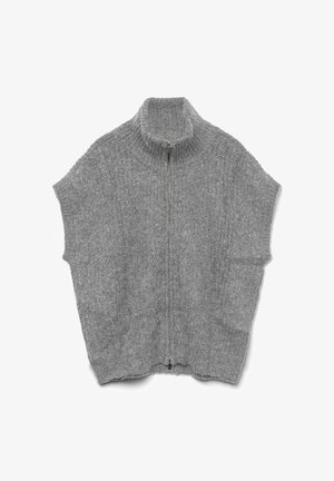 Pilkos megztos berankovės džemperis su užtrauktuku, aukštu apykaklės dizainu, tekstūruotu audiniu ir raštuotais kraštais apykaklėje bei apatinėje dalyje.