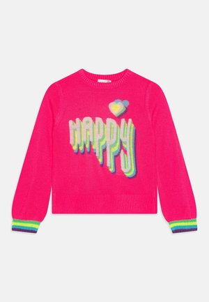 Rosa gestrickter Pullover mit langen Ärmeln, der das Wort "HAPPY" in bunten 3D-Buchstaben und einem farbenfrohen Herzensdesign zeigt.