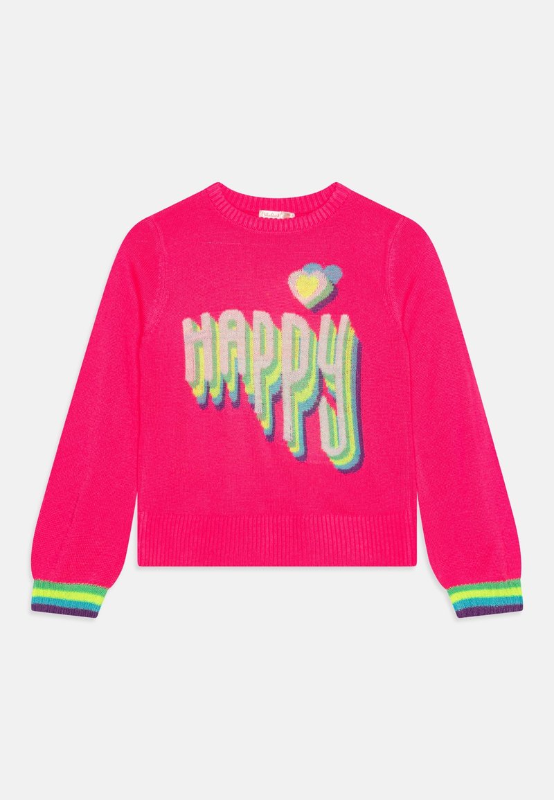 Pull en tricot rose à manches longues, affichant le mot "HAPPY" en lettres 3D multicolores et un design de cœur coloré.