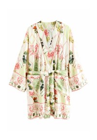 Župan s květinovým vzorem z lehké látky, s kombinací růžových a zelených motivů, kimono rukávy a odpovídající pás.