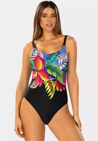 Jednoczęściowy strój kąpielowy z niebieską górą, ozdobiony kolorowym wzorem tropikalnych liści oraz czarnym dołem. Regulowane ramiączka i elegancki fason.