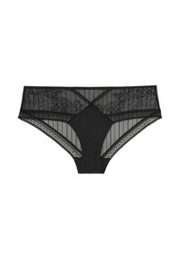 Sous-vêtements de style bikini en dentelle noire et en maille, avec un panneau noir uni au centre, arborant des motifs en dentelle complexes et des bords festonnés.