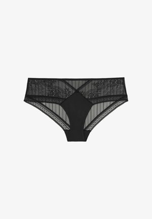 Sous-vêtements de style bikini en dentelle noire et en maille, avec un panneau noir uni au centre, arborant des motifs en dentelle complexes et des bords festonnés.