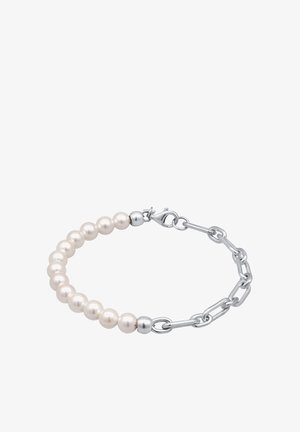 Armband met ronde witte parels en een zilveren ketting. Bevat een kreeftsluitinkje en afwisselende secties van parels en kettingschakels.