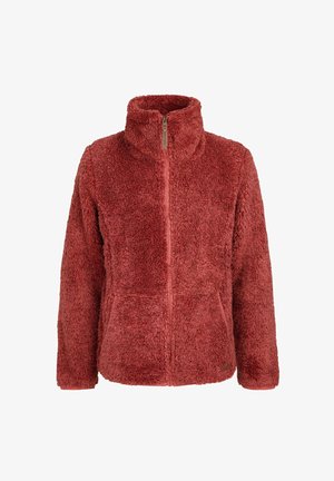 Rode fleecejack met een hoge kraag, volledige rits aan de voorkant en een textuur die doet denken aan bont. Beschikt over twee zijzakken en stikselaccenten.