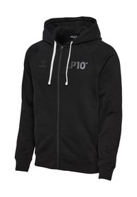 Zwarte zip-up hoodie van zacht materiaal met een capuchon met trekkoord. Voorzien van een logo en de tekst "LP10" aan de voorkant in lichtgrijs. Ribgebreide manchetten.