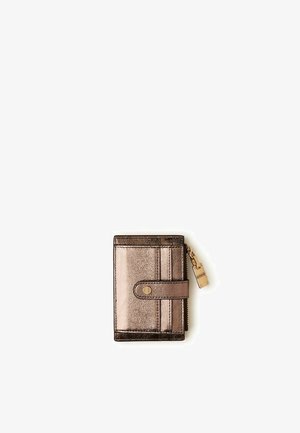 Compact metallic brown leather wallet with snap closure and gold zipper pull, placed on a white background.