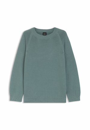 Light green knit sweater with a round neckline, raglan sleeves, and ribbed cuffs and hem. Features a textured, woven fabric design.