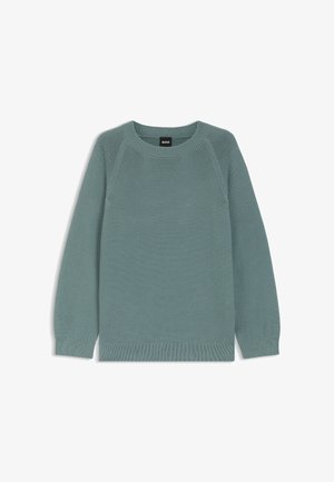 Light green knit sweater with a round neckline, raglan sleeves, and ribbed cuffs and hem. Features a textured, woven fabric design.