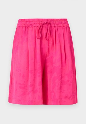Pink shorts with an elastic waistband and drawstring, featuring a smooth texture and subtle tie-dye pattern.