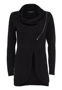 Zwart gebreide trui met een col, asymmetrische voorkant en lange mouwen. Voorzien van een diagonale ritsaccent aan de zijkant.