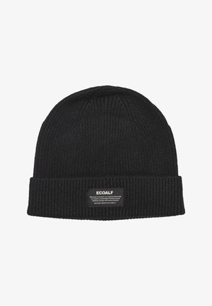 Cappello a maglia nero a coste con risvolto piegato e patch del brand ECOALF che evidenzia sostenibilità e protezione ambientale.
