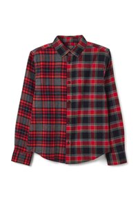 Rood en grijs geruit shirt, gemaakt van flanel, met een knoopsluiting, contrasterende ruitpatronen en lange mouwen met knoopmanchetten.