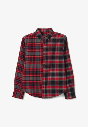 Camicia a quadri rossa e grigia, realizzata in flanella, con un design a bottoni, modelli a quadri contrastanti e maniche lunghe con polsini abbottonati.