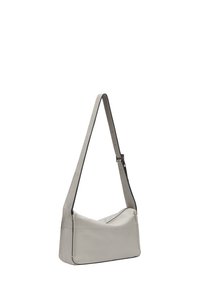 Jasnoszara skórzana torebka na ramię z długim, regulowanym paskiem, gładką fakturą i minimalistycznym designem. Posiada suwaki na bokach.