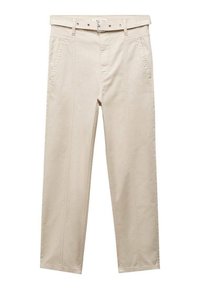 Beige katoenen broek met een rechte pasvorm, voorzien van zijzakken, een knoopsluiting in de taille en verticale stikdetails.