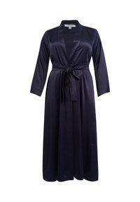 Lange navy satijnen badjas met sjaalkraag, lange mouwen en een ceintuur in de taille. Gladde textuur met een vloeiend design.