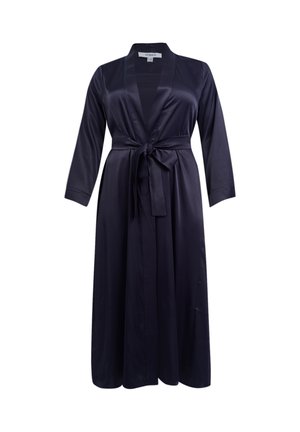 Lange navy satijnen badjas met sjaalkraag, lange mouwen en een ceintuur in de taille. Gladde textuur met een vloeiend design.