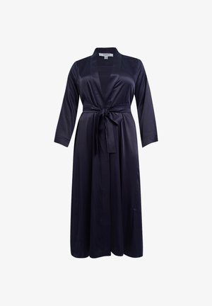 Long navy satin robe featuring a shawl collar, long sleeves, and a tie waist closure. Smooth texture with a flowing design.