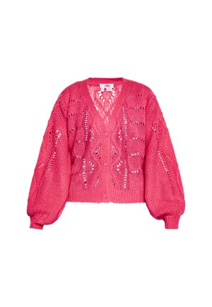 Roze gebreide cardigan met een V-hals, knoopsluiting aan de voorkant en ballonmouwen. Kenmerkt zich door een opengewerkt patroon en een geribde zoom.