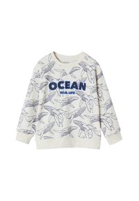 Light gray sweatshirt with blue whale print and "OCEAN WILD LIFE" text. Features a round neckline and long sleeves. Soft, casual fabric.