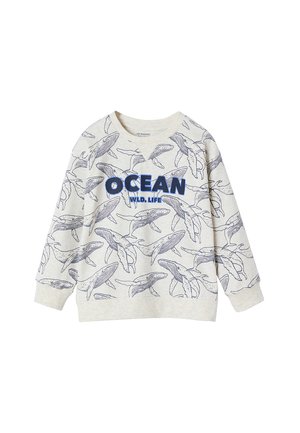Light gray sweatshirt with blue whale print and "OCEAN WILD LIFE" text. Features a round neckline and long sleeves. Soft, casual fabric.