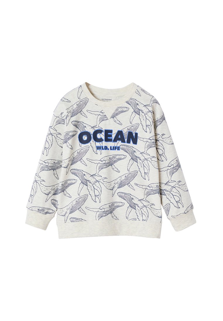 Light gray sweatshirt with blue whale print and "OCEAN WILD LIFE" text. Features a round neckline and long sleeves. Soft, casual fabric.