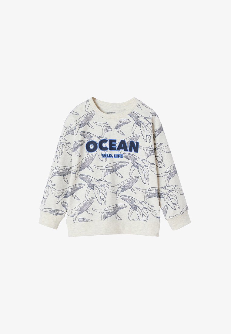 Light gray sweatshirt with blue whale print and "OCEAN WILD LIFE" text. Features a round neckline and long sleeves. Soft, casual fabric.