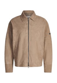 Veste en daim marron clair avec col pointu, fermeture éclair à l'avant, deux poches latérales et manches longues avec coutures apparentes.