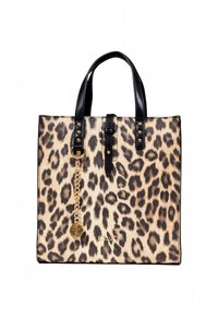 Geantă tote cu imprimeu leopard, mânere din piele neagră, accente de metal auriu și un lanț decorativ cu un detaliu medalion. Finisaj texturat.