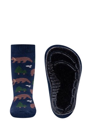 Kniestrümpfe in Blau mit einem bunten Waldmuster, das Bären und Bäume zeigt. Gummierte Sohle für besseren Halt, weiche Stricktextur.