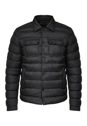 Black quilted puffer jacket with a collar, button-up front, two chest flap pockets with buttons, and two side pockets.
