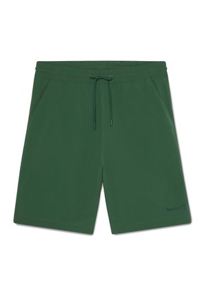 Tmavě zelené volnočasové šortky s elastickým pasem, předním stahováním na šňůrku, bočními kapsami a logem Timberland na dolní levé noze.