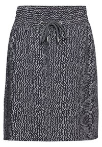Jupe en tissu stretch avec une taille élastique, fermeture par cordon de serrage et motif zigzag blanc sur fond marin foncé.