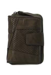 Green leather wallet with a zip closure, featuring a textured diamond pattern, smooth sections, and a snap closure on the front.