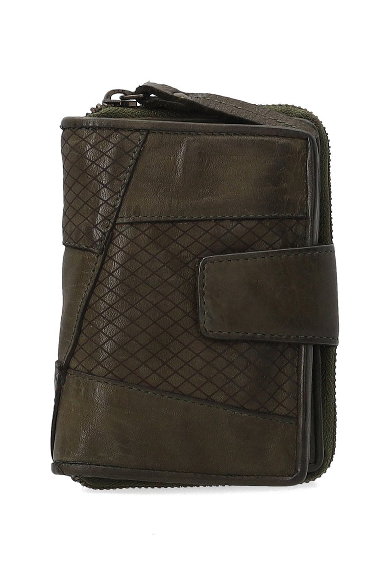 Green leather wallet with a zip closure, featuring a textured diamond pattern, smooth sections, and a snap closure on the front.