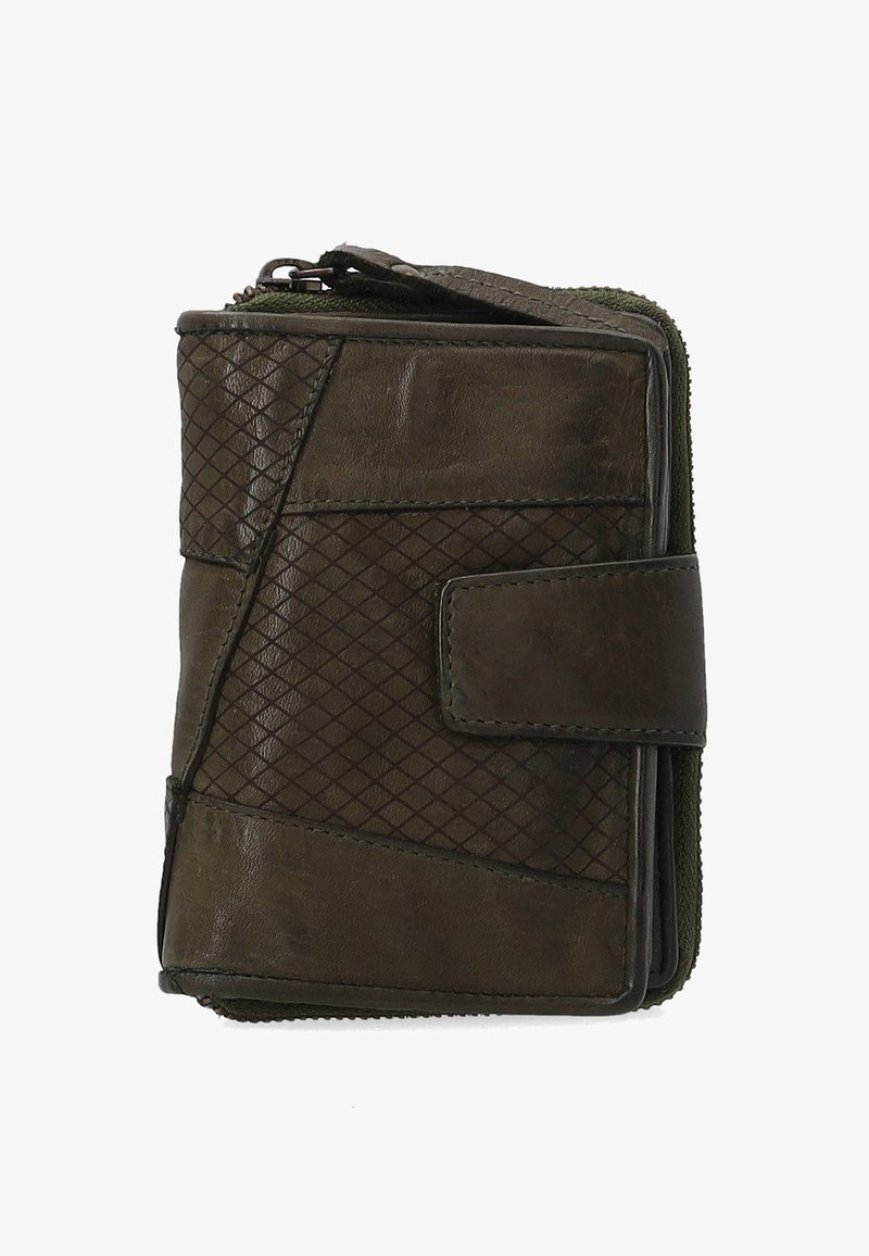 Green leather wallet with a zip closure, featuring a textured diamond pattern, smooth sections, and a snap closure on the front.