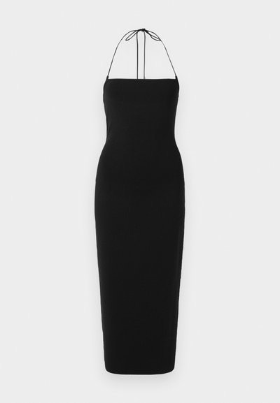 Black, form-fitting midi dress with thin halter straps, straight neckline, and smooth texture. No visible patterns or hardware details.