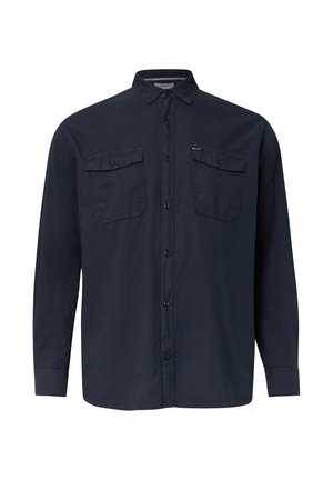 Navyblaue langärmlige Hemd aus Baumwolle, mit zwei Brusttaschen mit Knopfklappen und einem klassischen Button-Down-Kragen.