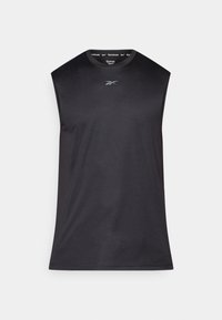Tricou sportiv fără mâneci de culoare neagră, cu guler rotund, realizat dintr-un material neted și ușor; prezintă un mic logo Reebok pe piept.