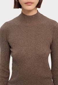 Brown ribbed turtleneck sweater in a metallic sheen, featuring a fitted silhouette with long sleeves and a high neck.