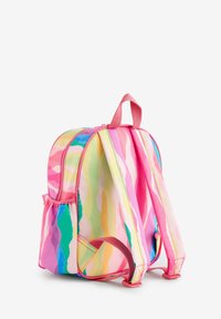 Multicolored backpack in pink, orange, and green waves. Features zippered main compartment and dual padded shoulder straps. Smooth, durable fabric.