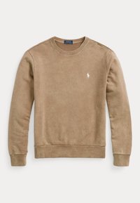 Brązowa bluza z okrągłym dekoltem, wykonana z miękkiej bawełny, z prążkowanymi mankietami i ściągaczem u dołu, z małym białym logo na lewej piersi.