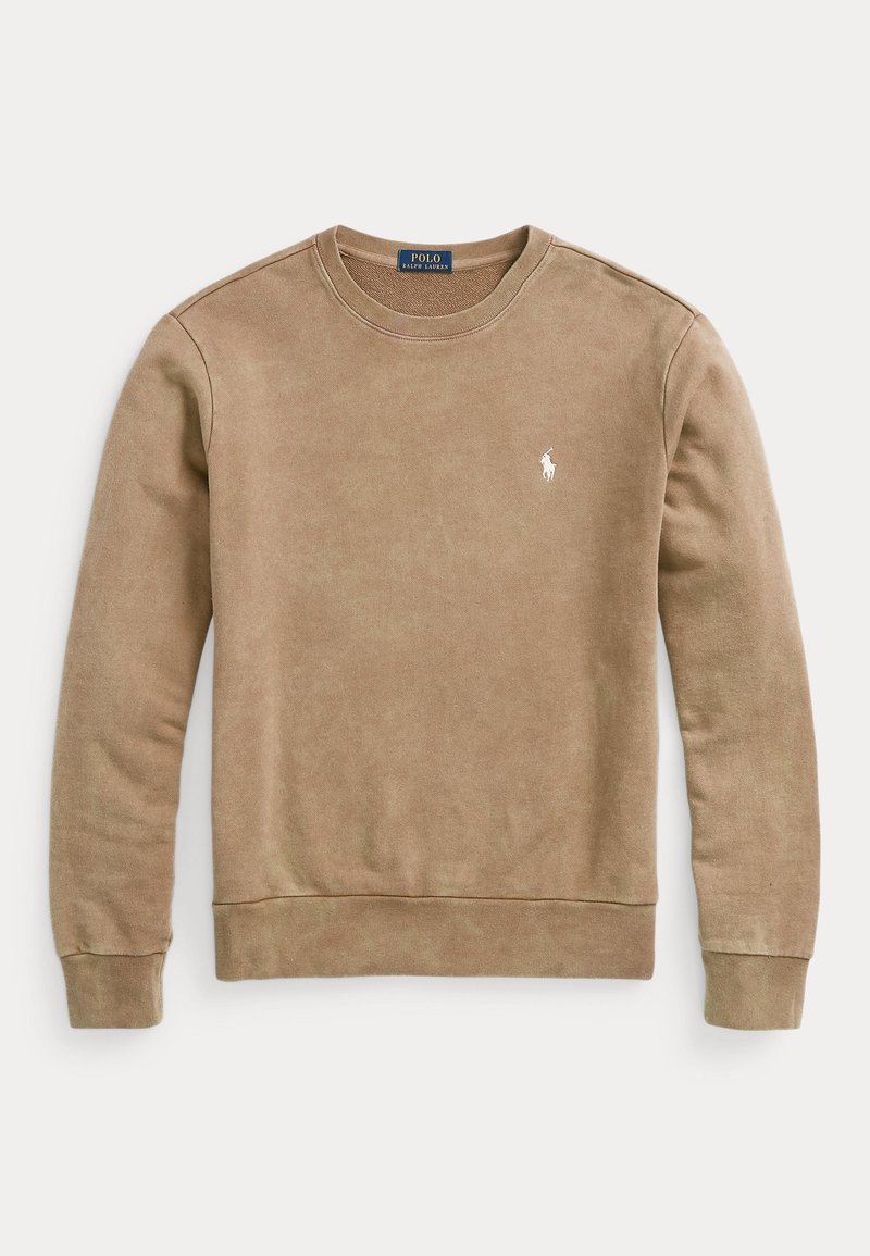 Brązowa bluza z okrągłym dekoltem, wykonana z miękkiej bawełny, z prążkowanymi mankietami i ściągaczem u dołu, z małym białym logo na lewej piersi.