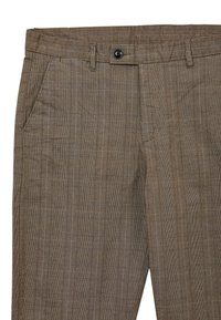 Braun kariertes Baumwollgewebe mit vertikalen Streifen, ausgestattet mit einem Knopfverschluss, zwei Seitentaschen und einem geraden Bein.