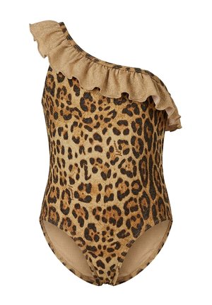 Costume da bagno monospalla con stampa leopardata, con spallina in oro metallizzato arricciata e tessuto strutturato.