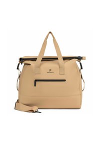 Borsa tote in tessuto beige con due manici superiori e tracolla regolabile, con una tasca con zip nera e logo sul fronte.