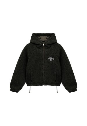 Chaqueta de forro polar negra con capucha, cierre de cremallera y puños elásticos. Presenta "NEW YORK 1990" bordado en el pecho. Cuerda ajustable en el dobladillo.