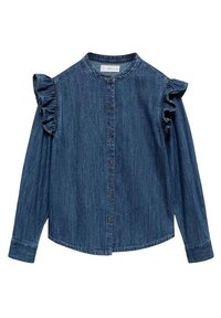 Denimskjorte med lange ærmer, rund krave, frontknaplukning og rynkede skulderdetaljer. Mørkeblåstof med en glat tekstur.