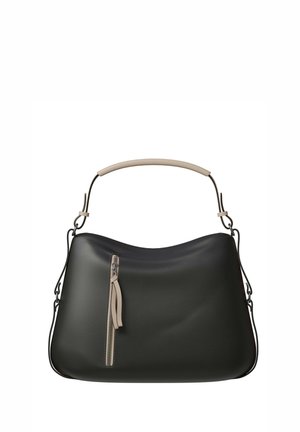 Schwarze Ledertasche mit beigem oberem Griff und vertikalem beigen Reißverschlussfach auf der Vorderseite, rechteckige Form mit weicher Struktur.